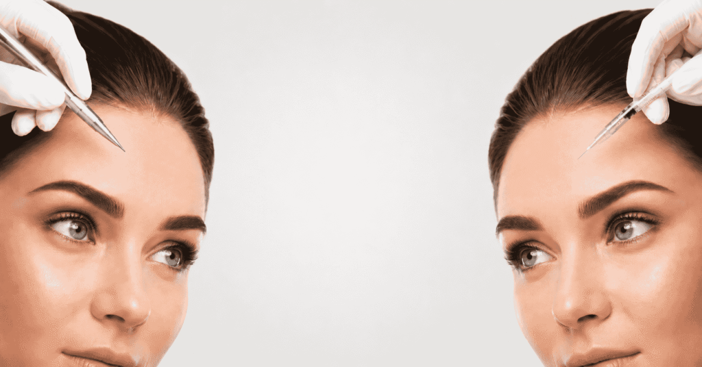 Mujer con cejas micropigmentadas frente a dos tratamientos estéticos: Botox con jeringuilla y micropigmentación con dermógrafo.
