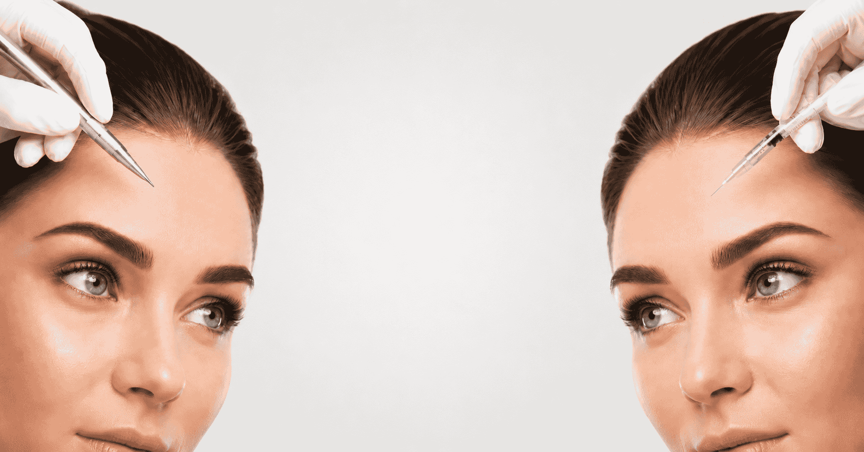Mujer con cejas micropigmentadas frente a dos tratamientos estéticos: Botox con jeringuilla y micropigmentación con dermógrafo.